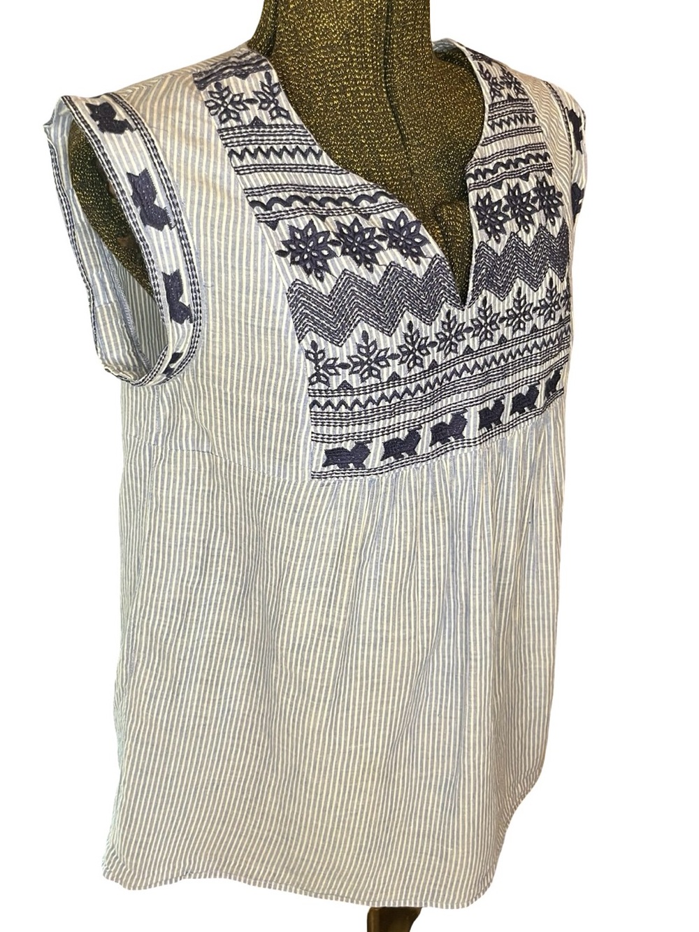 THML Embroidered Striped Boho Tunic Top Sz M Blue White Anthropologie Style - Picture 4 of 10